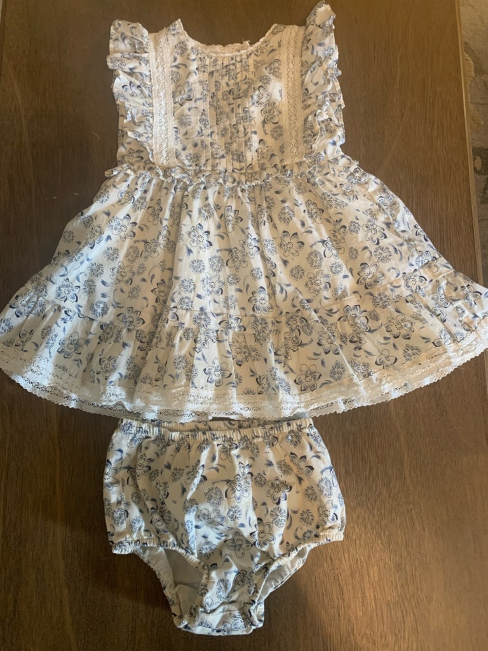 Ralph Lauren White Dress with Blue Floral Print Matching Diaper Cover 6 Months